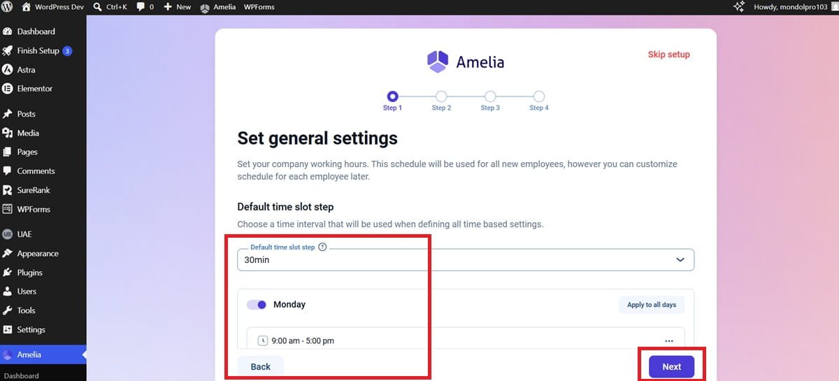 amelia booking plugin configuration step one