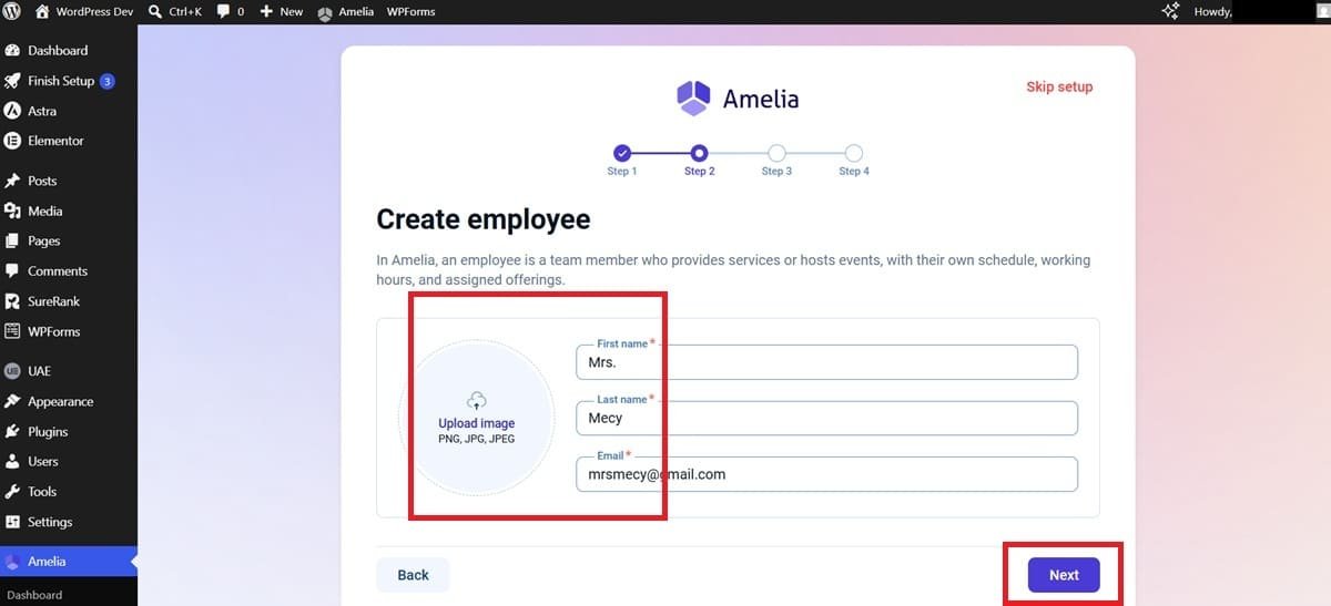 create employee on amelia
