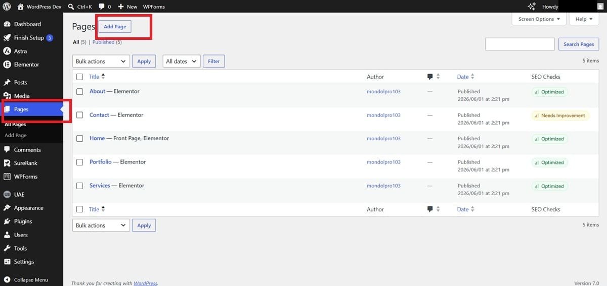 wordpress add page