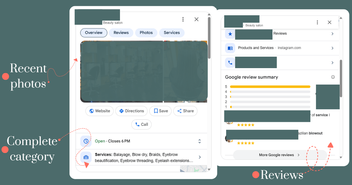 Optimized Google Business Profile example for a salon with photos, category, and reviews