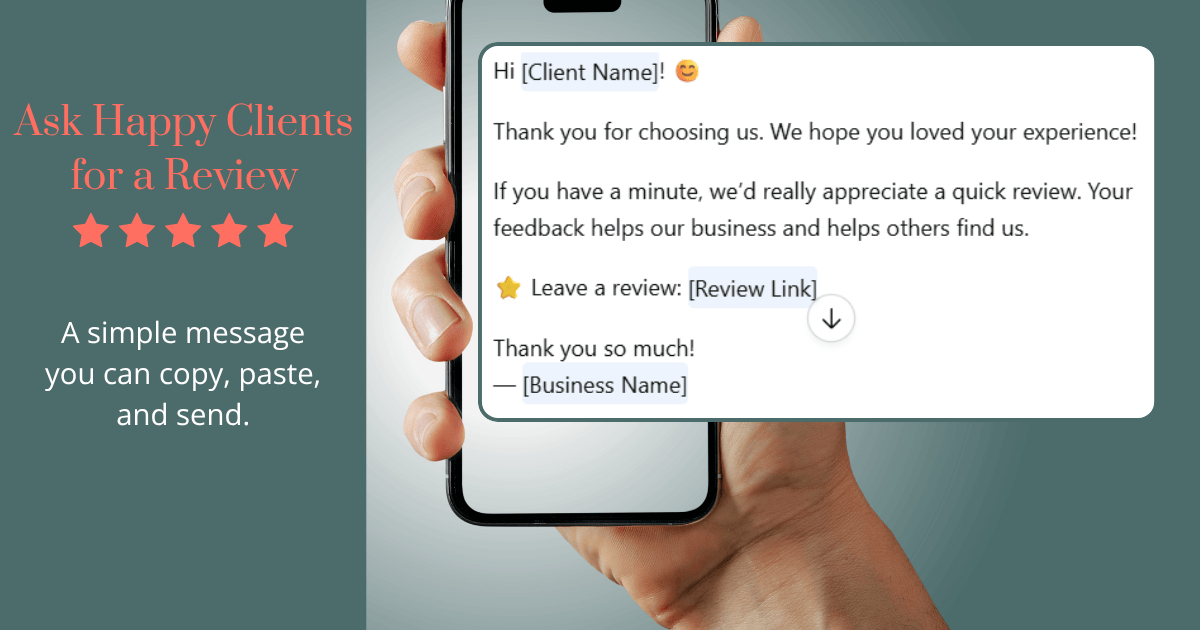 Sample text message asking salon clients for a Google review