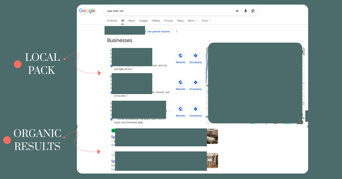 Google search results page showing Local Pack versus organic listings for salons