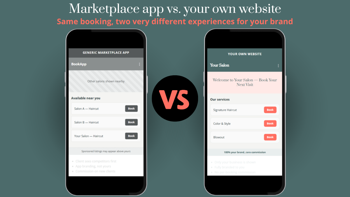 Comparison of a generic marketplace booking app showing competing salons versus a salon's own branded website booking page with zero commission